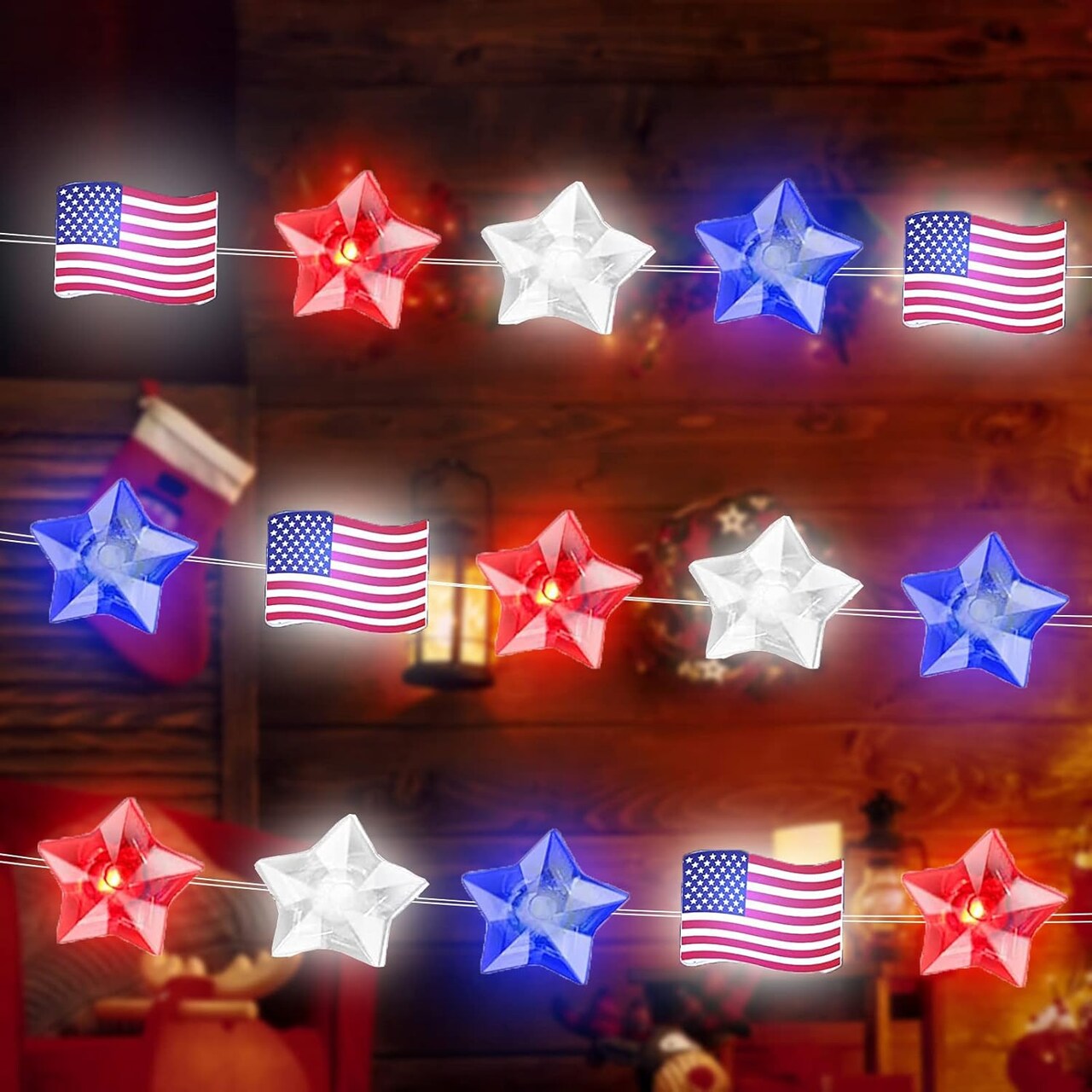 2 Pcs 4th of July Decorations Lights Red White Blue String Lights 10ft 30 LED Patriotic Stars American Flag Battery Operated Decor for Fourth of July Independence Day, Star Flag